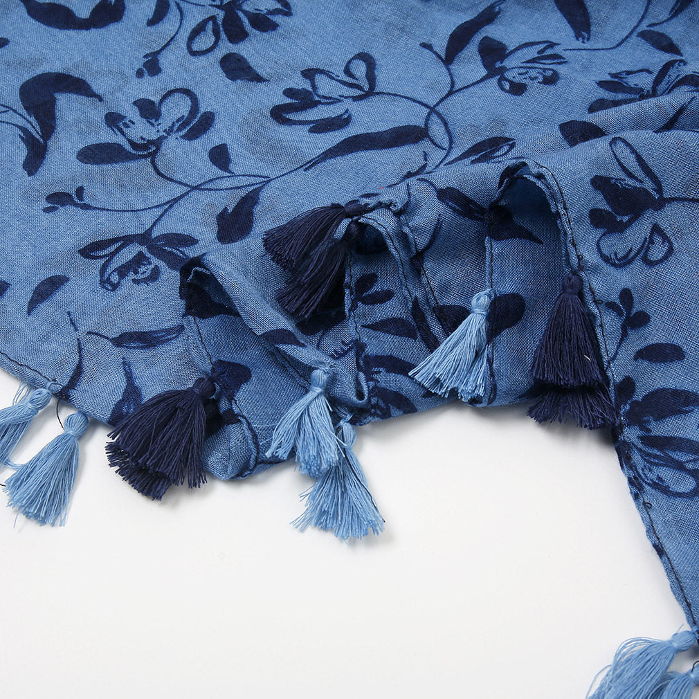 Blue black mixed floral printed tassel soft breathable long hijab / orna