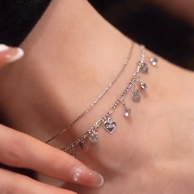Heart Rhinestone Double Layer Silver Color Anklet