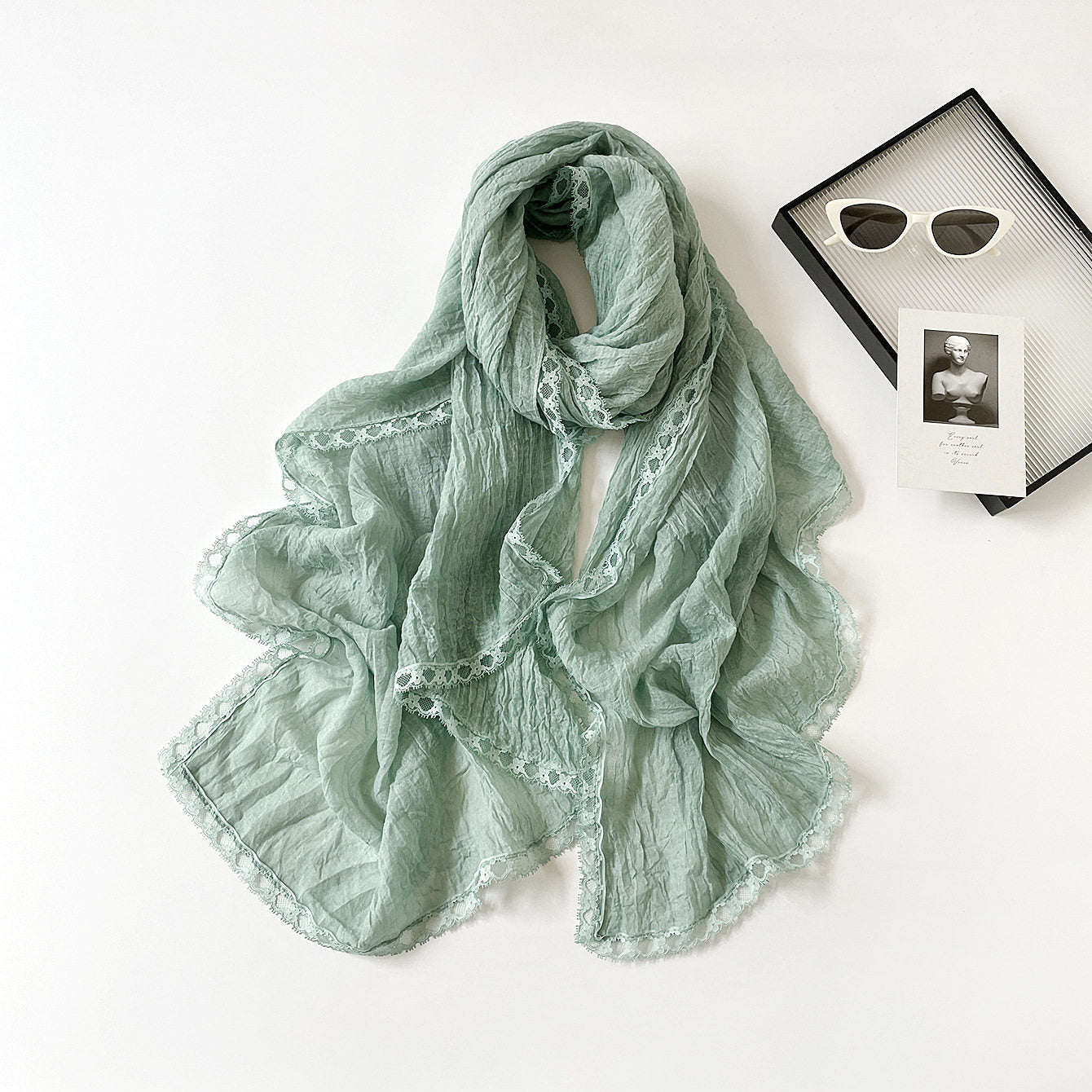 Stylish Mint Green Versatile Artistic Lace Edged Imported Premium Summer Friendly Cotton Hijab / Orna