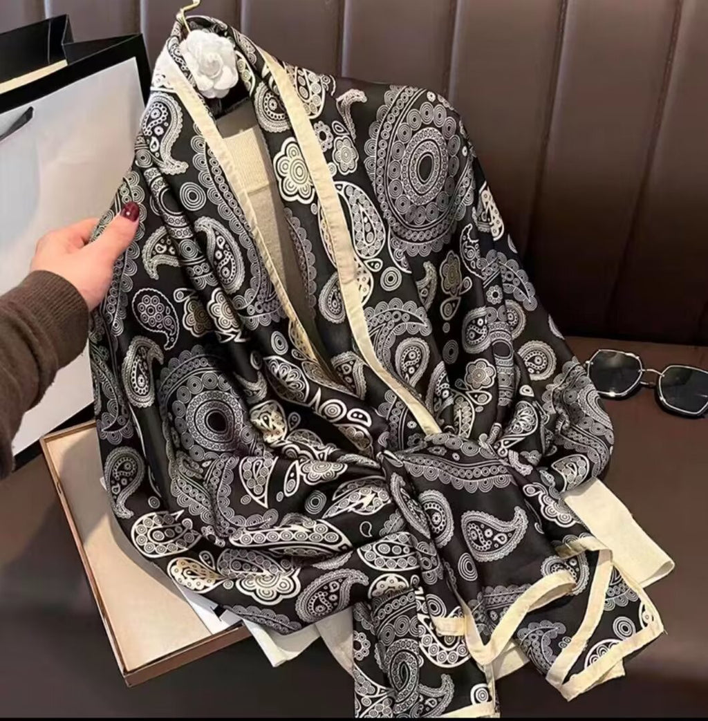 Paisley printed black long silk hijab