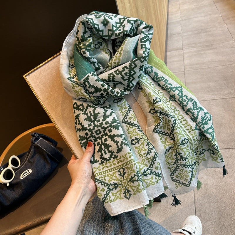 Green colour geometric patterned tassel soft long hijab / orna