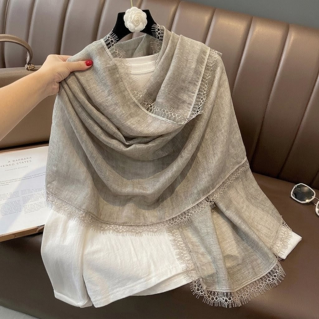 Beautiful Khaki New Japanese Travel Sunscreen Literary Retro Women's Summer Friendly All-match Solid Color Long Cotton Lace Hijab / Orna
