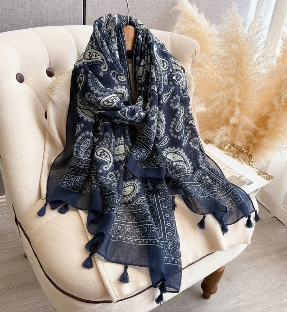 Imported Navy Blue Paisley Printed Hijab /Orna