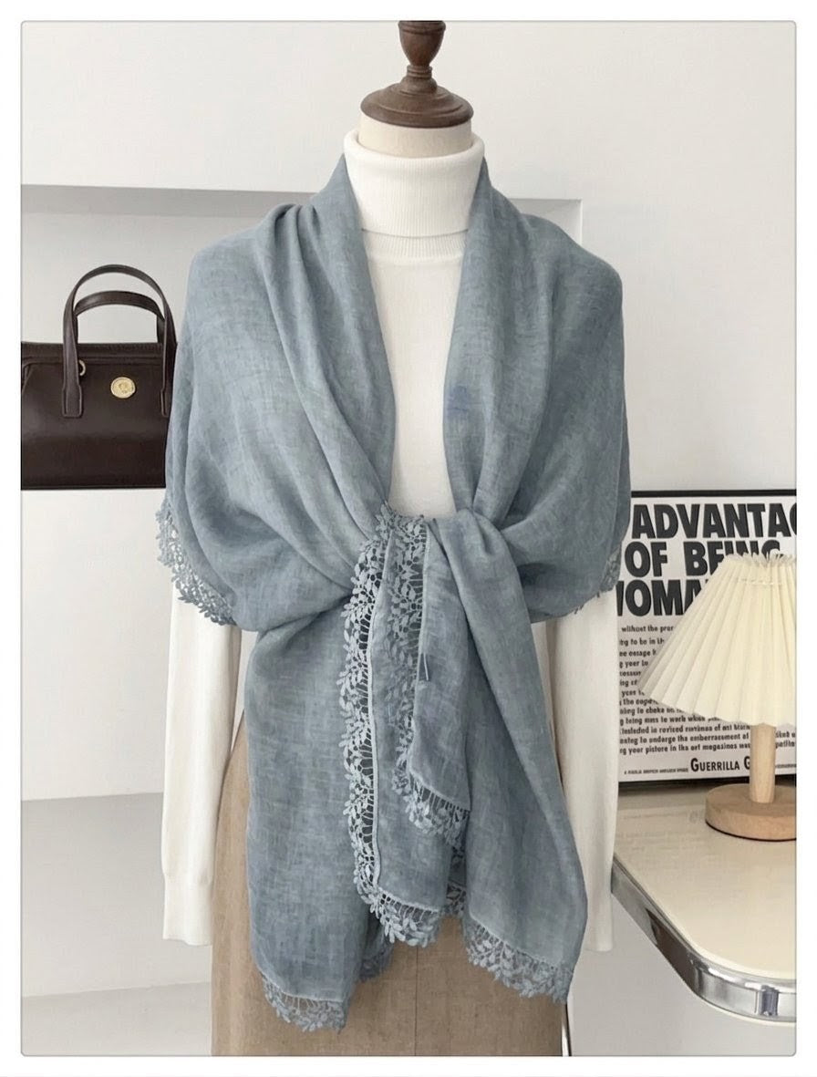 Elegant Dusty Blue Artistic Lace Edged Imported Premium Summer Friendly Cotton Hijab / Orna