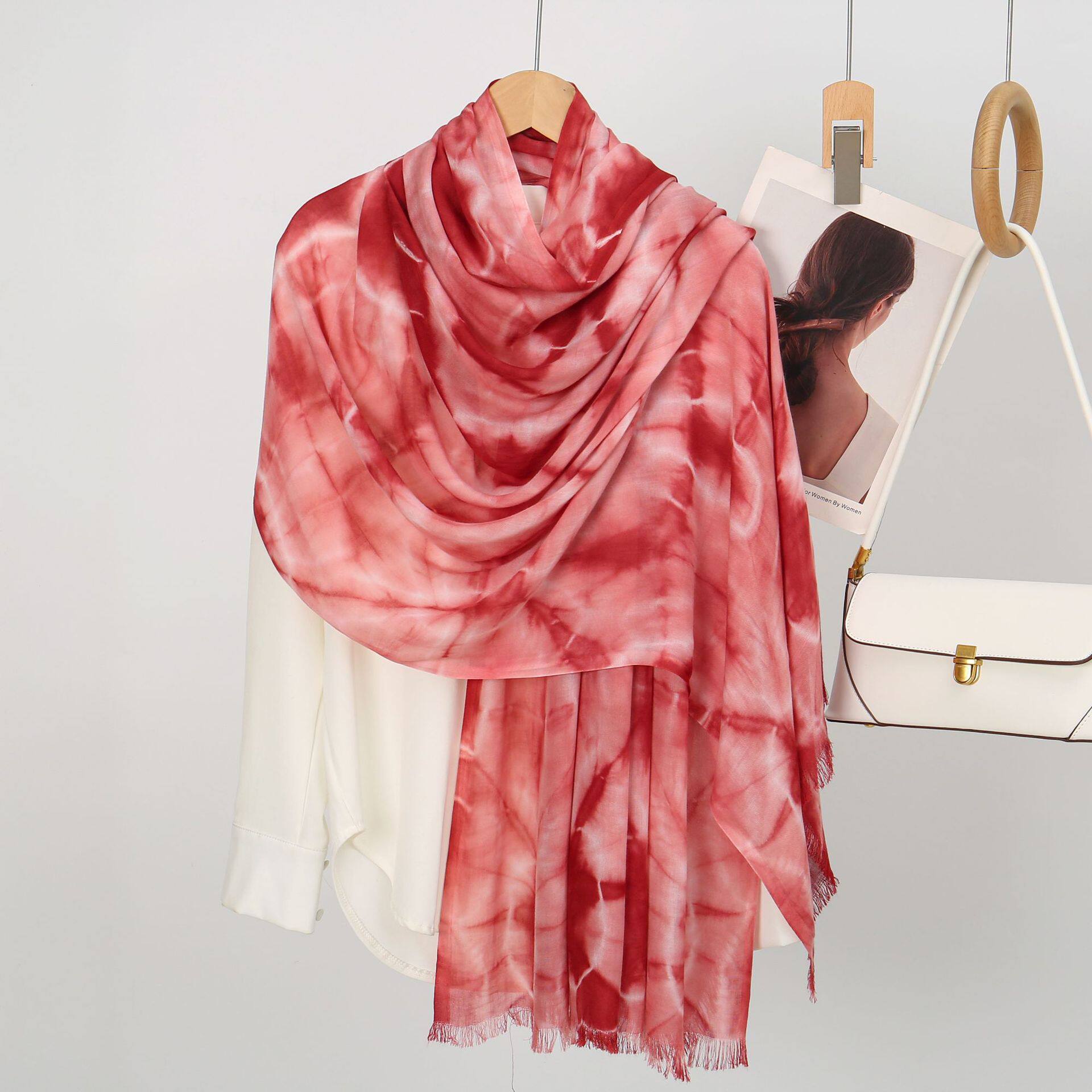 Gorgeous Crimson Red High Quality Tie-Dye Rayon Cotton Scarf Women Girl Ombre Striped Imported Long Crinkle Breathable Printed Hijab / Orna