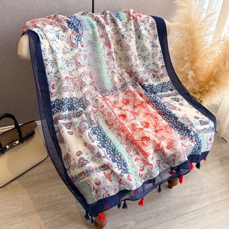 Boho Colorful Floral Printed Long Soft Imported Summer Friendly Tassel Hijab / Orna