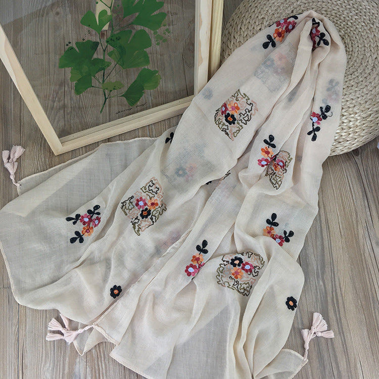 New Ethnic Style Embroidered Off White Color Flower Cotton Tassel Hijab/Orna