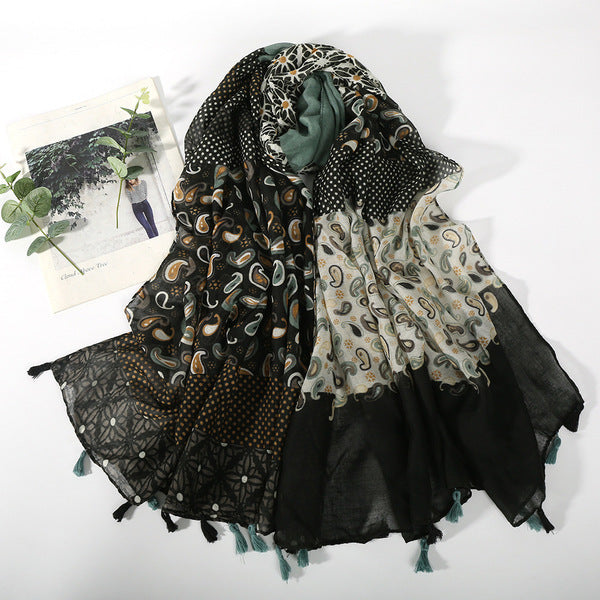 Classy Sage Green Color Floral Printed Super Soft Long Summer Friendly Tassel Hijab / Orna