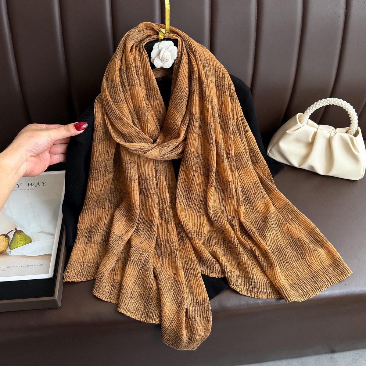 Beautiful Khaki Color Imported Double-Sided Plaid Cotton Scarf with Gold Thread Decorative Casual Versatile Striped
