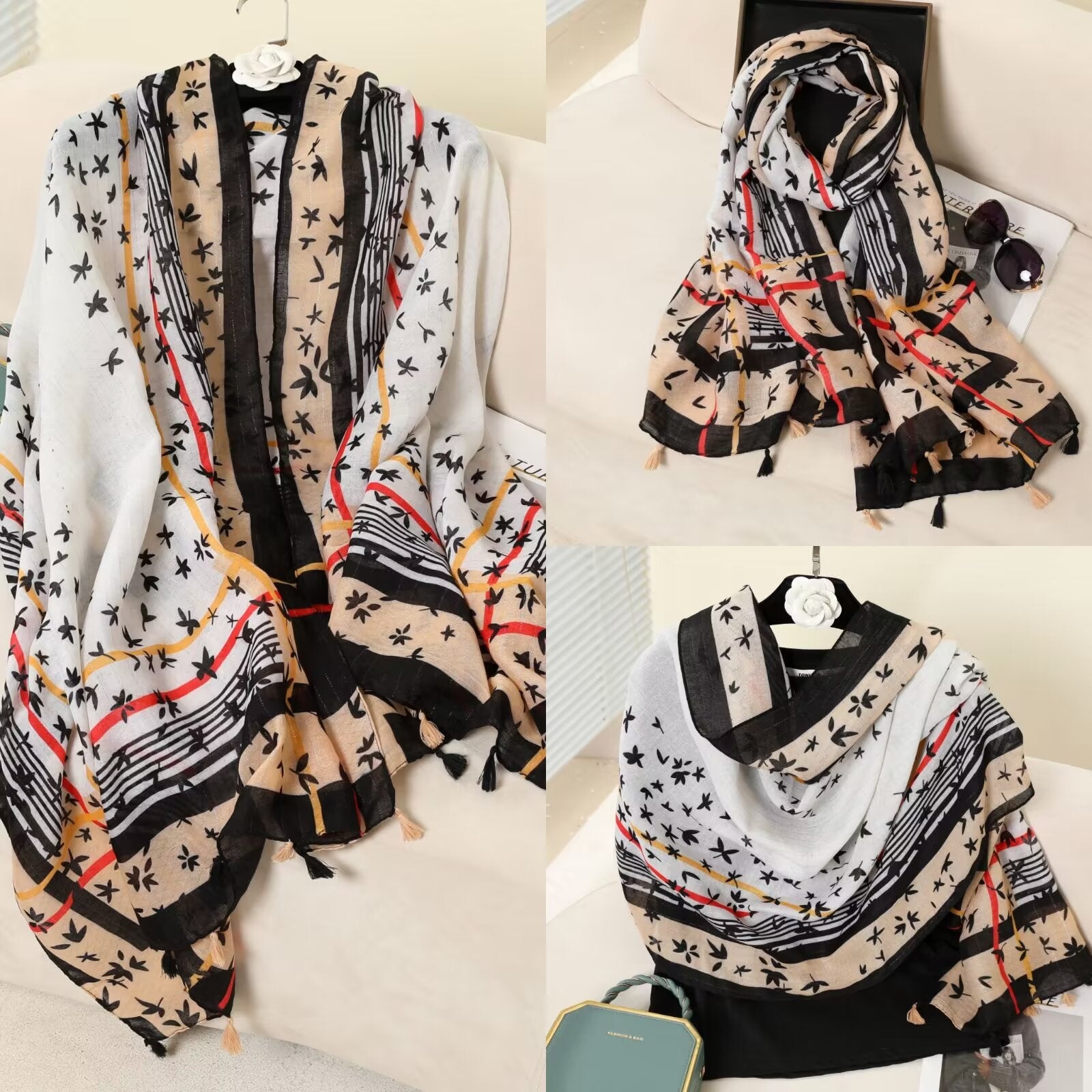 Beautiful cream color printed tassel hijab