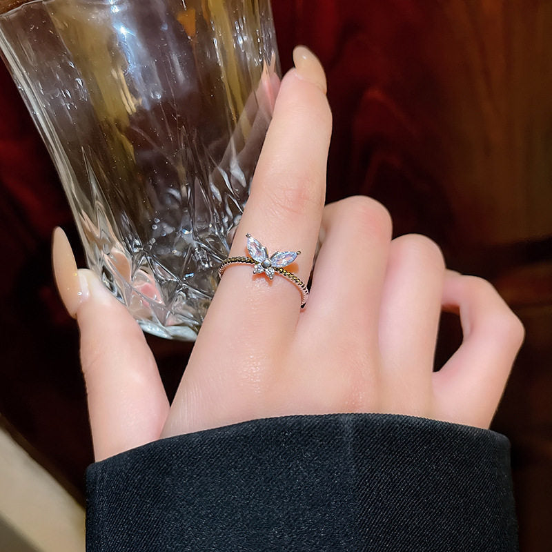Cute High Quality Korean Style Exquisite Zircon Ring Ring Women's Opening Adjustable Dieting Finger Ring Light Luxury Niche Personalized Design Imported Adjustable White Gold Butterfly Ring