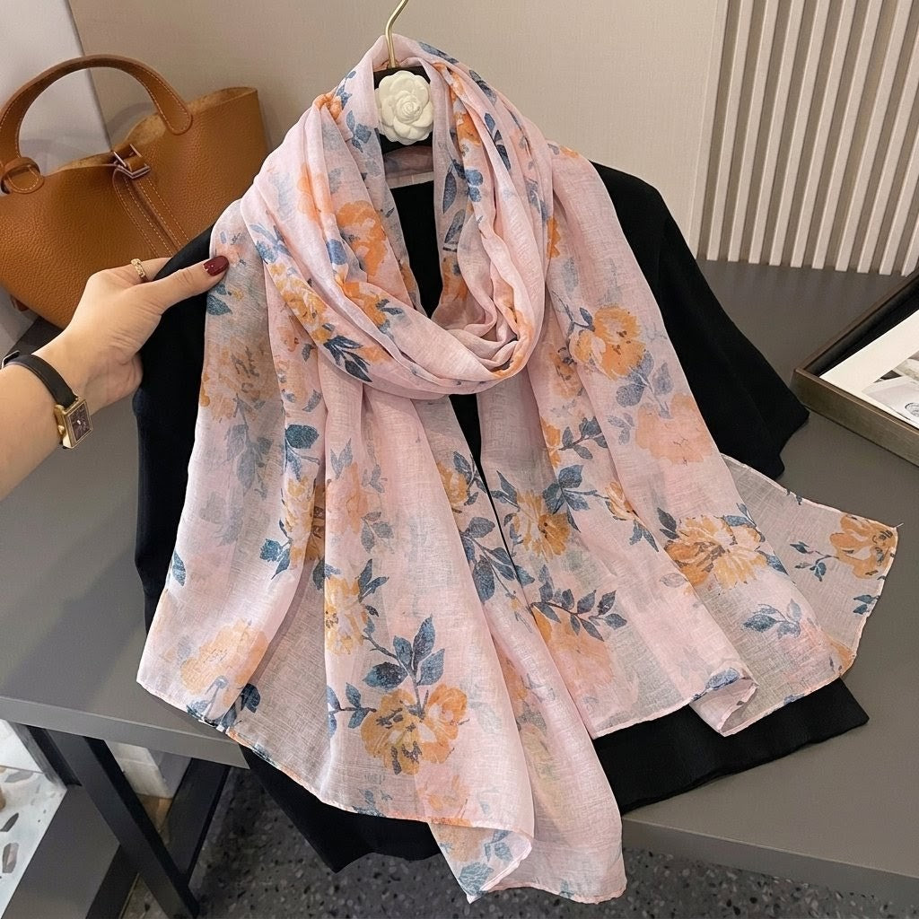 Pretty Light Pink Imported Floral Printed Summer Friendly Long Hijab / Orna