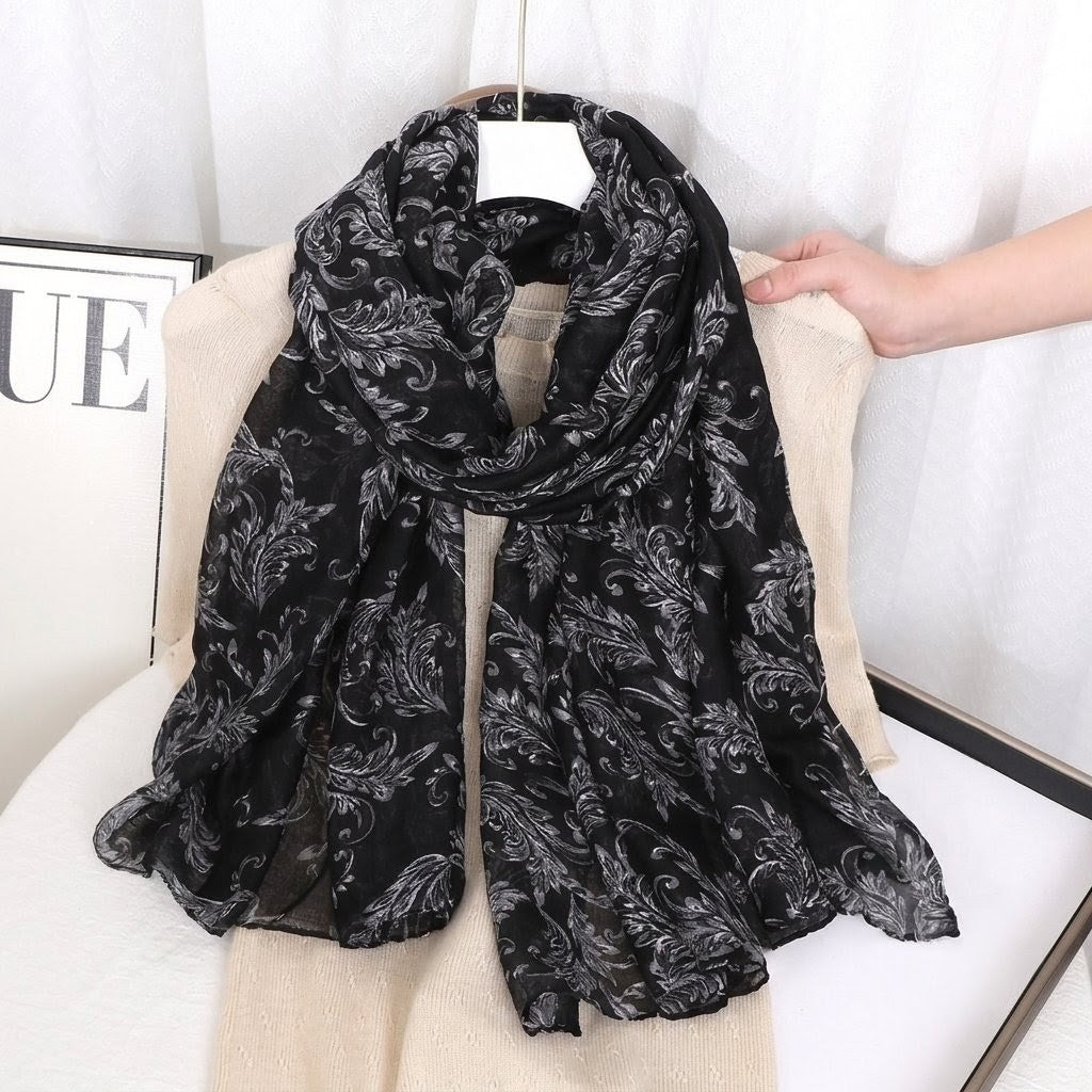 Elegant Dark Black Paisely Printed Soft Lightweight Long Hijab / Orna