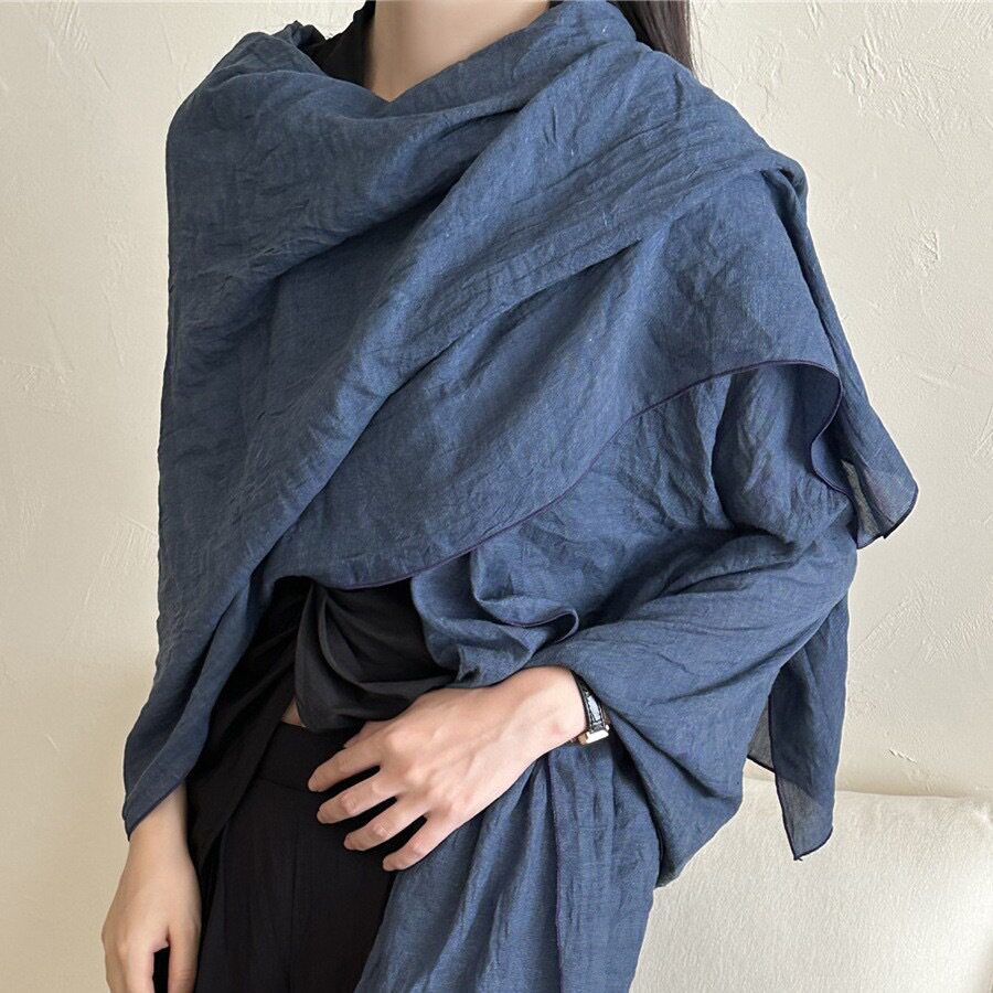 Elegant Denim Blue Japanese-Style Imported Summer Friendly Long Wrinkled Cotton Hijab / Orna