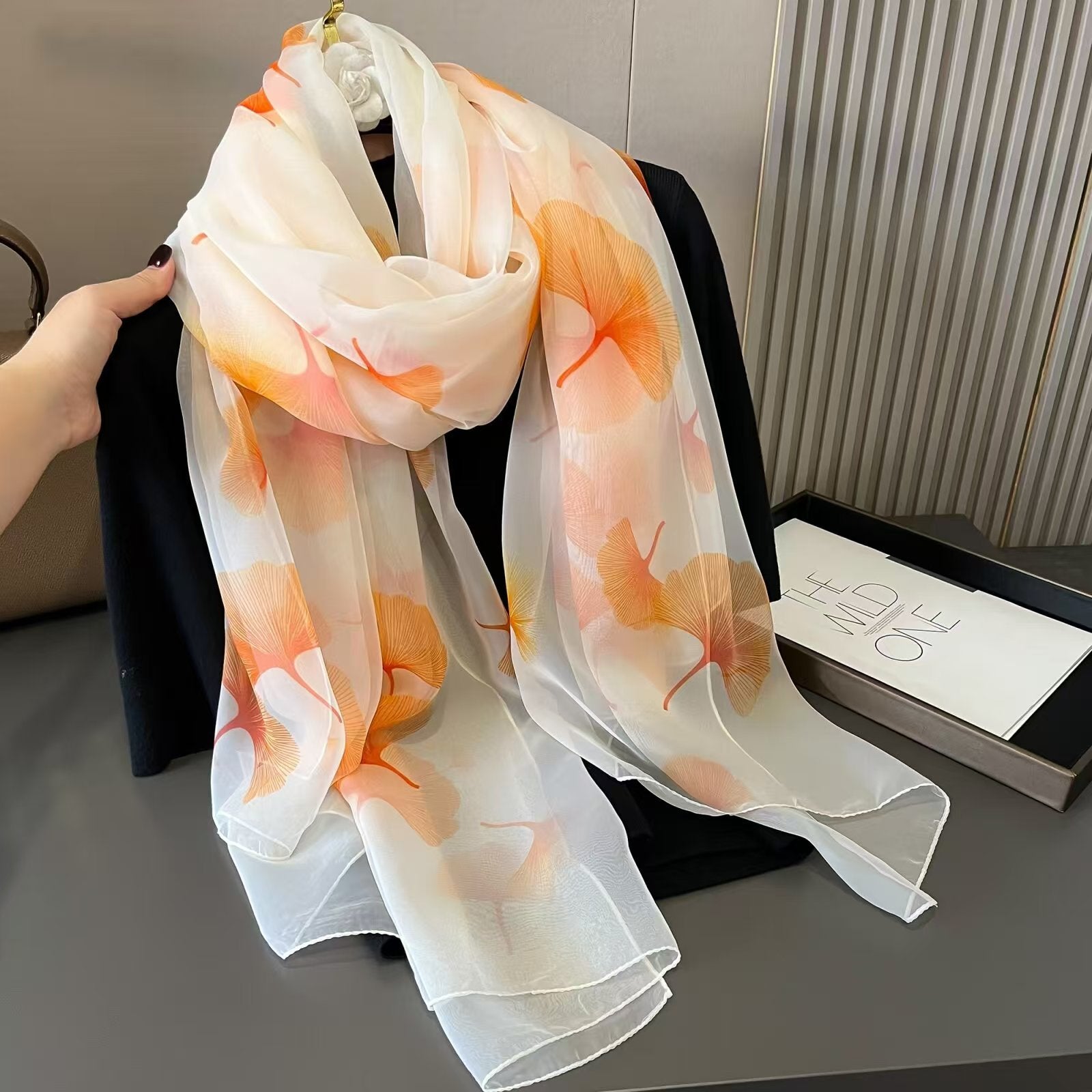 Light orange color ginkgo leaf printed silk scarf / orna