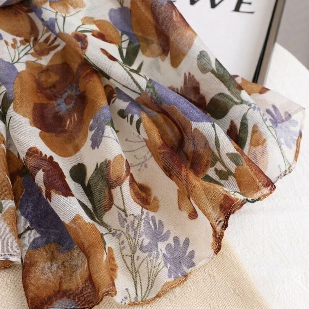 Classy Coffee Color Floral Patterned Soft Lightweight Long Hijab / Orna