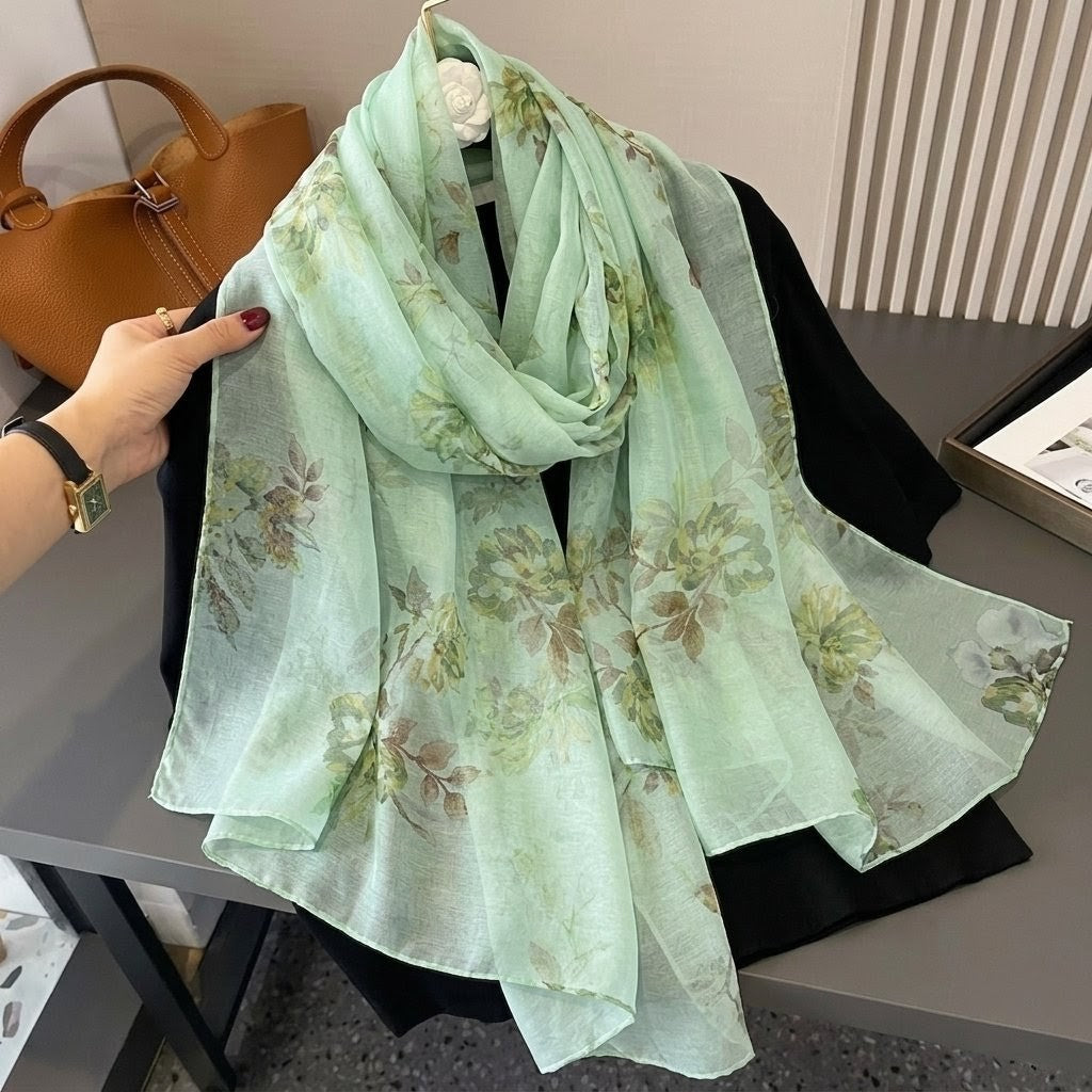 Classy Light Green Imported Floral Printed Summer Friendly Long Hijab / Orna