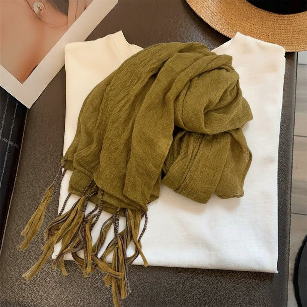 Mustard Yellow Color Classy Winding Tassel Cotton Hijab/Orna