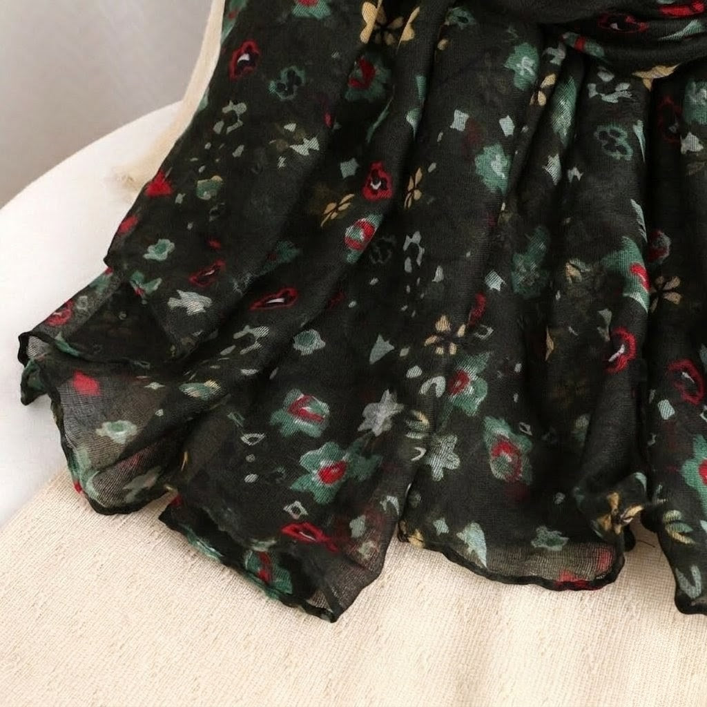 Classy Dark Green Colour Floral Patterned Soft Lightweight Long Hijab / Orna