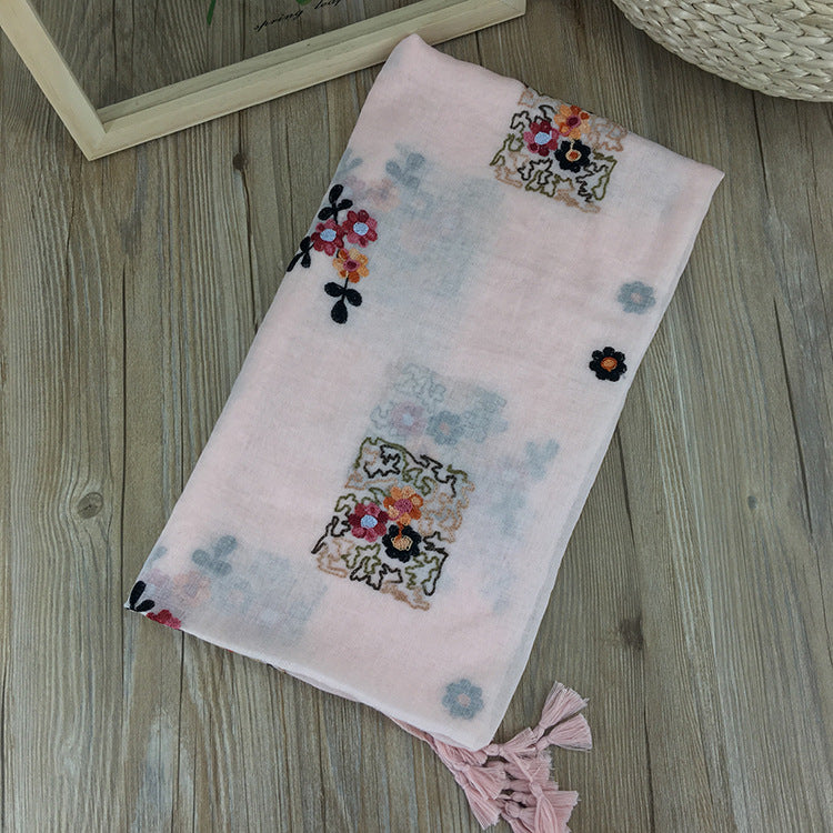 New Ethnic Style Embroidered Baby Pink Flower Cotton Tassel Hijab/Orna