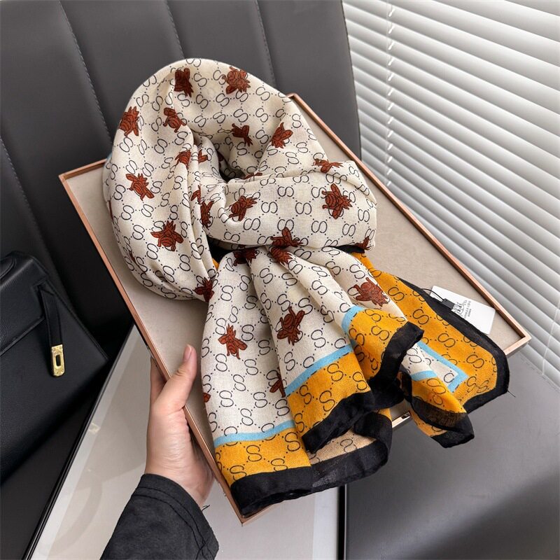 Fashionable Mustard & Ivory Printed Imported Summer Friendly Hijab /Orna