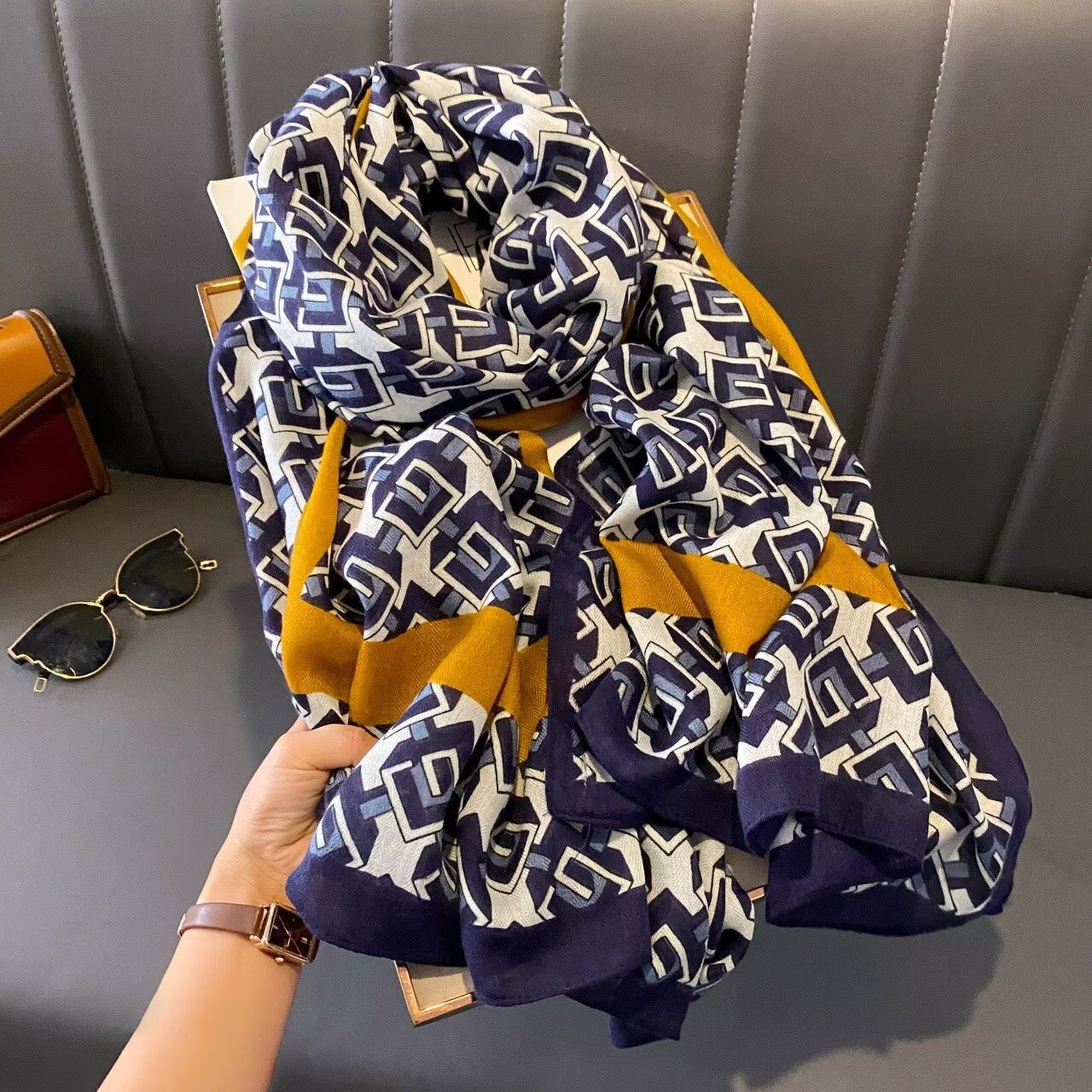 Elegant Navy Mustard Yellow Geometric Patterned Printed Imported Summer Friendly Hijab /Orna