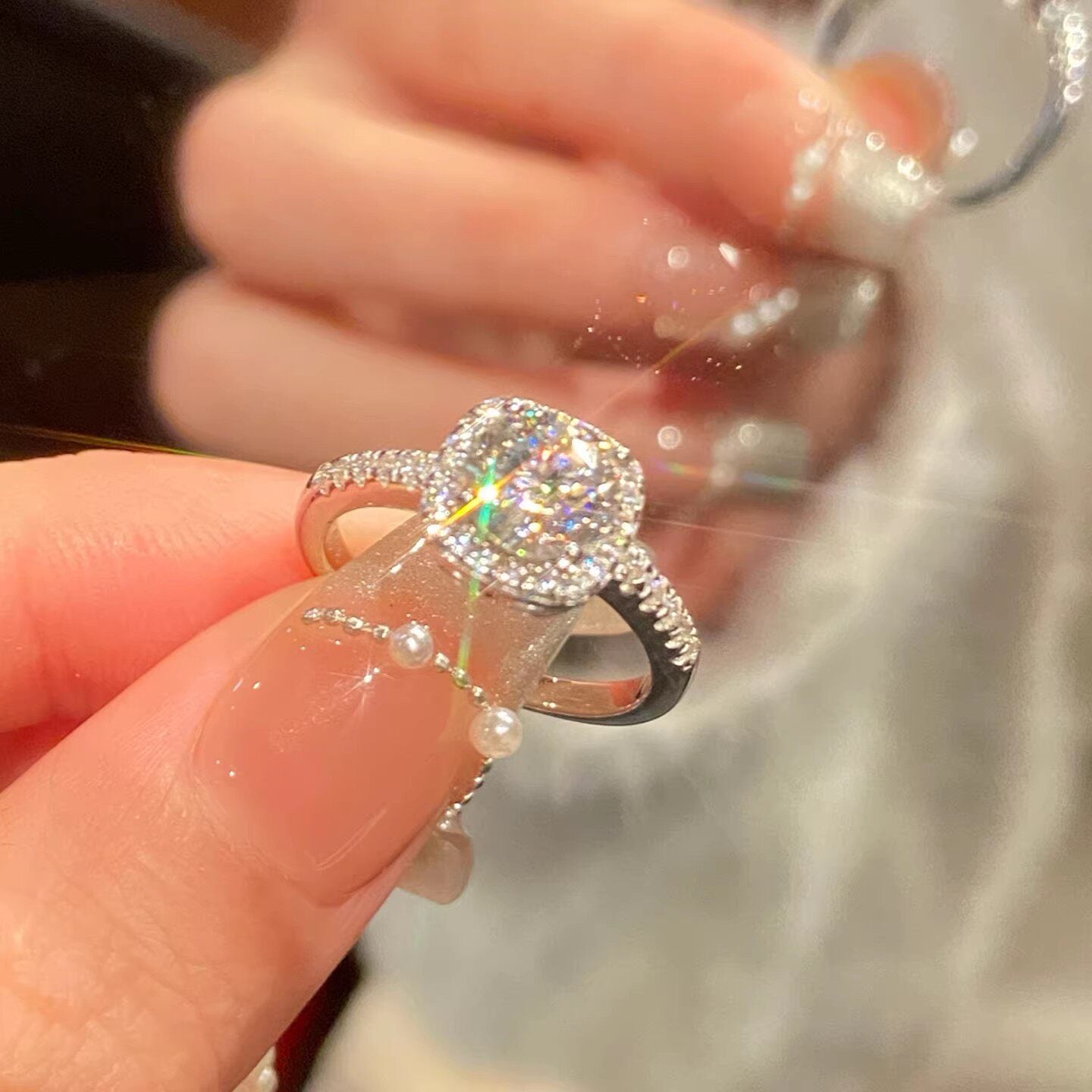 Cushion-Cut High Quality Korean Style Exquisite Zircon Ring Ring Women's Opening Adjustable Dieting Finger Ring Light Luxury Niche Personalized Design Imported Adjustable Ring