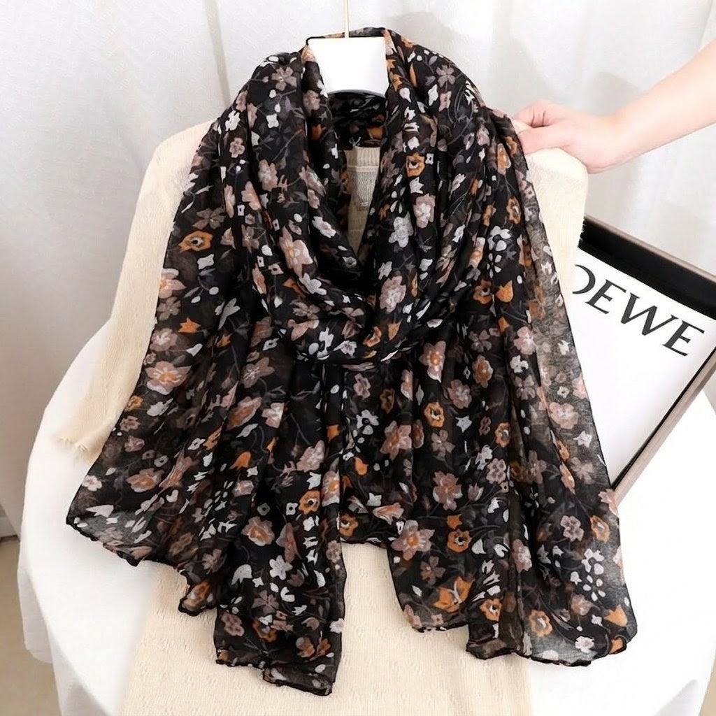 Stunning Black Floral Patterned Soft Lightweight Long Hijab / Orna