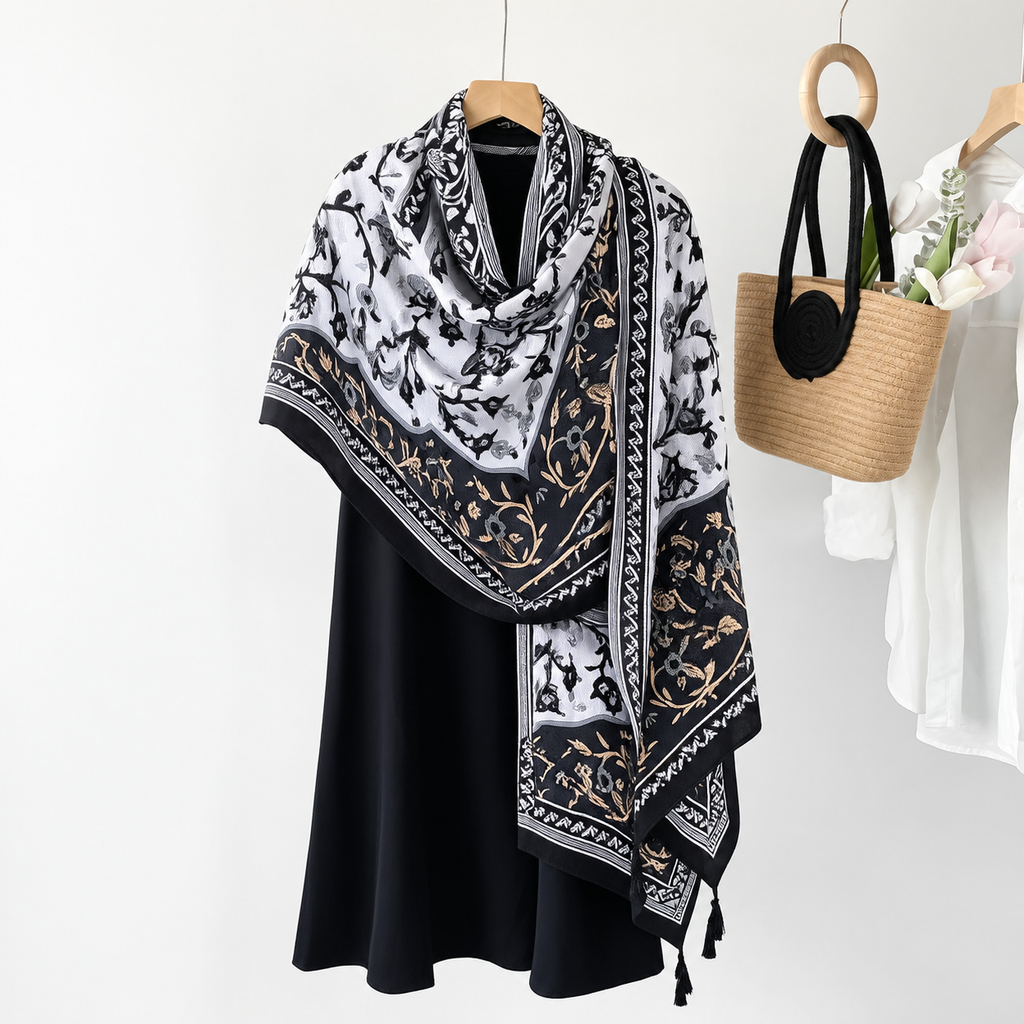 Fashionable Black White Ethnic Style Printed Long Tassel Hijab / Orna